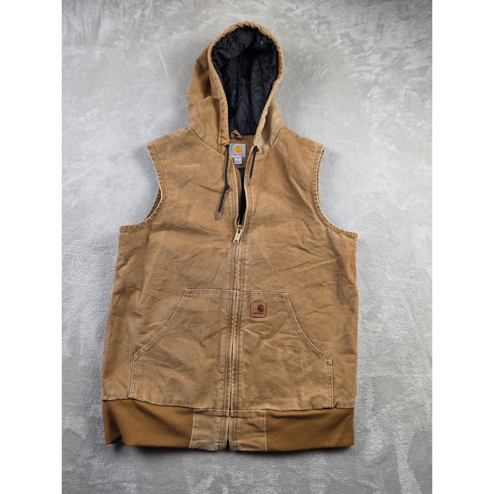 Carhartt Sandstone Hooded Active Work Vest Mens M Brown Duck Canvas Quilt Lined